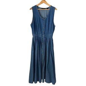 Vintage 90s Eddie Bauer Sleeveless Button Down Denim Jumper Dress Size L Retro